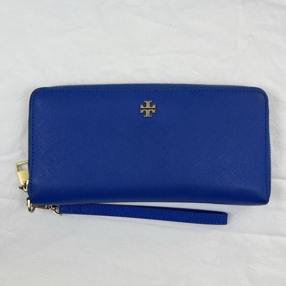 Tory Burch Robinson Continental Leather Zip Wallet Wristlet Cobalt Blue - Picture 1 of 8